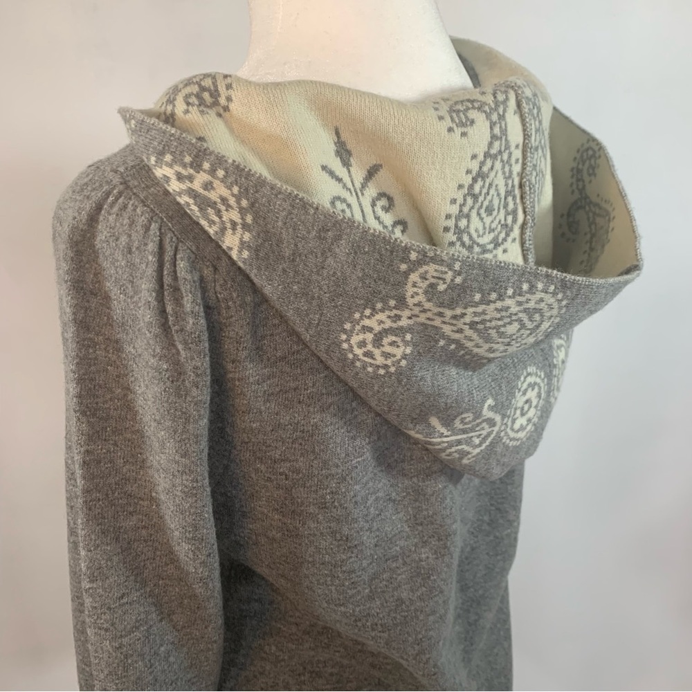 Lapis Wool Hoodie Sweater Tunic Fluted Sleeve Empire Waist Paisley Grey Cream M - Picture 3 of 16
